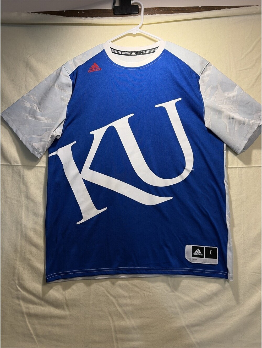 KU Men's Sz L Basketball Warm-up Shirt Kansas Jayhawks All over Print Big Logo